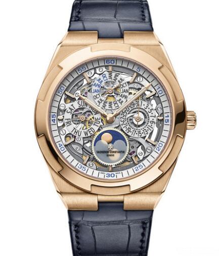 Vacheron Constantin Overseas Perpetual Calendar Ultra-Thin Skeleton Replica Watch 4300V/120R-B547 Pink Gold Alligator leather